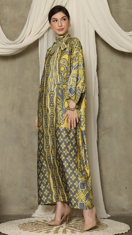 Green Grey Flower High Collar Long Kaftan