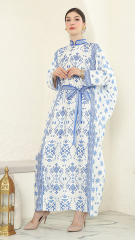 Blue White Songket Long Sleeve Kaftan