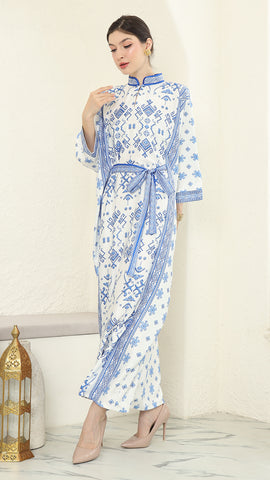 Blue White Songket Long Sleeve Kaftan