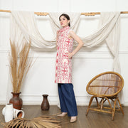 Red and White Handwoven Ikat Chongsam Vest