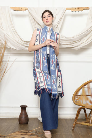 Blue Tribal Ikat Vest with fringes