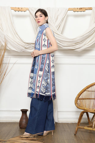 Blue Tribal Ikat Vest with fringes