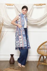 Blue Tribal Ikat Vest with fringes