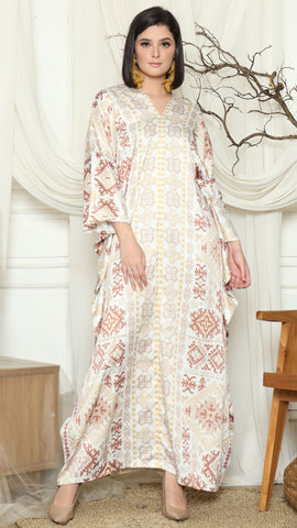 White Ikat Gold Long Sleeve Kaftan