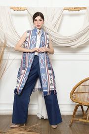 Blue Tribal Ikat Vest with fringes