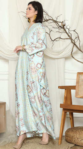 Aqua Ikat Gold Long Sleeve Kaftan