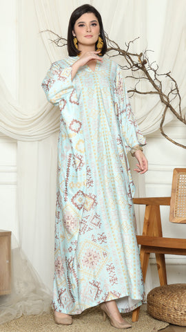 Aqua Ikat Gold Long Sleeve Kaftan