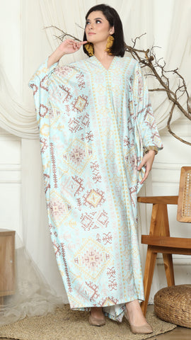 Aqua Ikat Gold Long Sleeve Kaftan