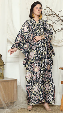 Black Ikat Gold Long Sleeve Kaftan