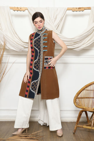 Mustard Handwoven Ikat Chongsam Vest