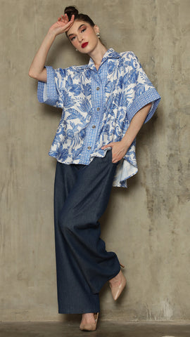 BLUE FLOWER OVERSIZED TOP WITH DETAIL STICHED