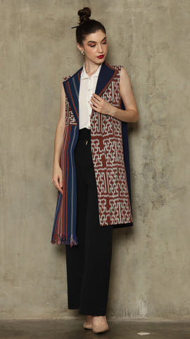 Brown Stripe Asymmetric Fringe  Ikat Vest