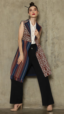 Brown Stripe Asymmetric Fringe  Ikat Vest