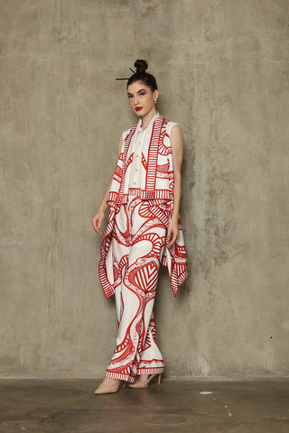 Red White Abstract Batik Vest Set