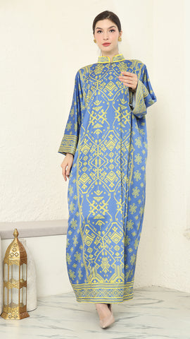 Blue Lime Songket Long Sleeve Dress Kaftan