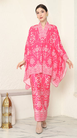 Pink Vneck Songket Sarong Set