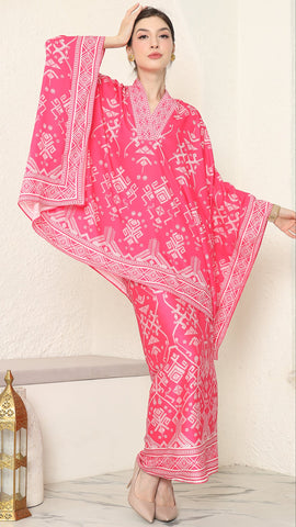 Pink Vneck Songket Sarong Set