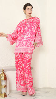 Pink R-neck Songket Pants Set