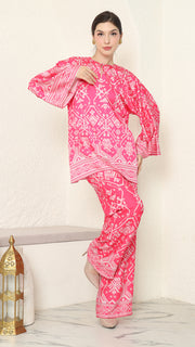 Pink R-neck Songket Pants Set