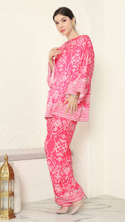 Pink R-neck Songket Pants Set