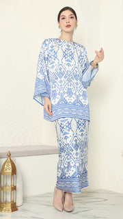 White Blue R-neck Songket Sarong Set