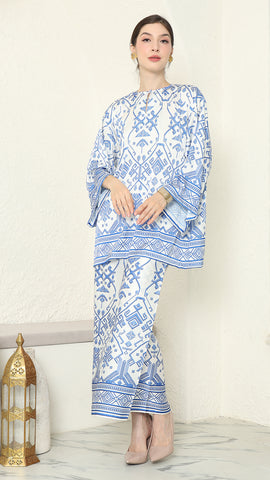 White Blue R-neck Songket Sarong Set