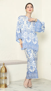 White Blue R-neck Songket Sarong Set