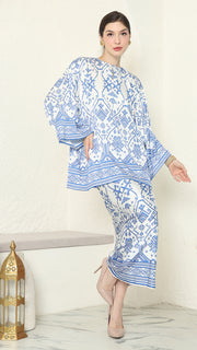 White Blue R-neck Songket Sarong Set