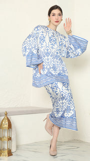 White Blue R-neck Songket Sarong Set