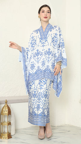 White Blue Vneck Songket Sarong Set