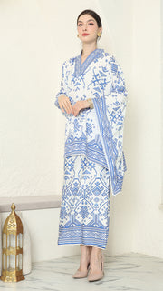 White Blue Vneck Songket Sarong Set