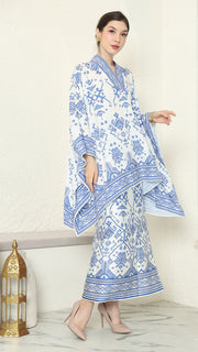 White Blue Vneck Songket Sarong Set