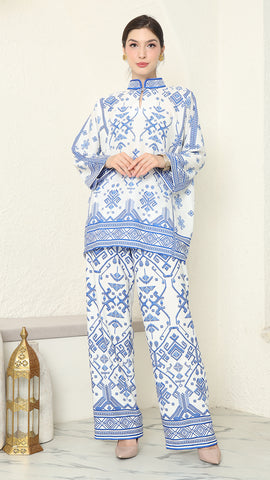 White Blue Songket Pants Set