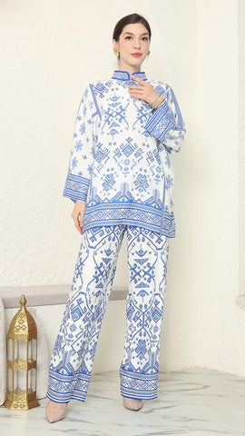 White Blue Songket Pants Set