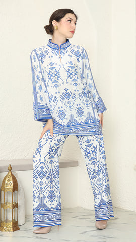 White Blue Songket Pants Set