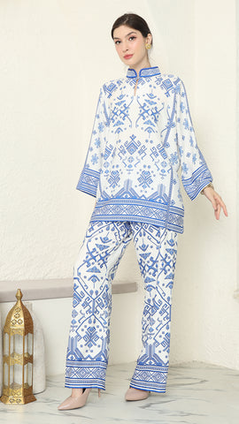 White Blue Songket Pants Set