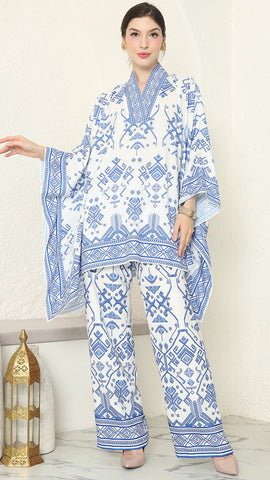 White Blue V-neck Songket Pants Set