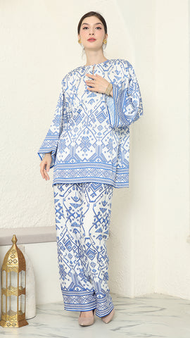 White Blue R-neck Songket Pants Set