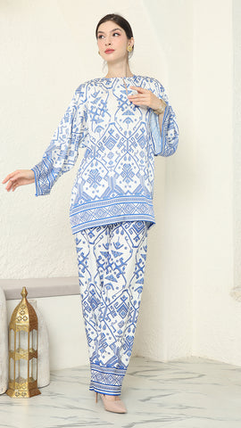 White Blue R-neck Songket Pants Set