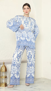 White Blue R-neck Songket Pants Set