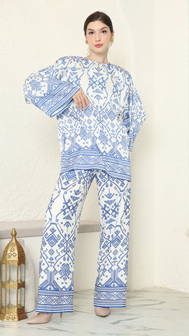 White Blue R-neck Songket Pants Set