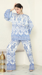 White Blue R-neck Songket Pants Set