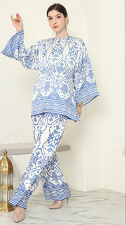 White Blue R-neck Songket Pants Set