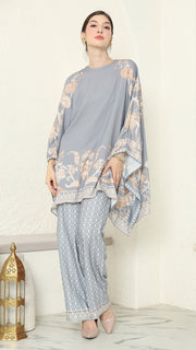 Grey Flower R-neck Pants Set