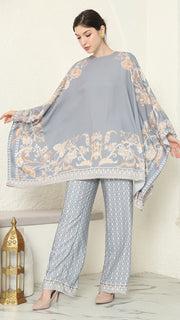 Grey Flower R-neck Pants Set