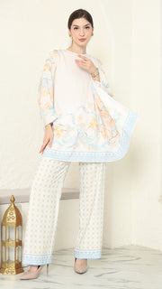 White Blue Flower R-neck Pants Set