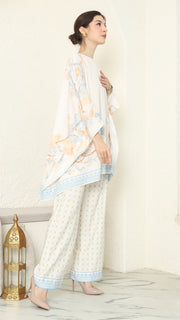 White Blue Flower R-neck Pants Set