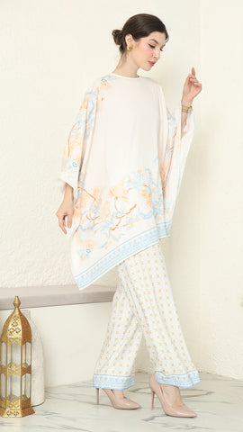 White Blue Flower R-neck Pants Set