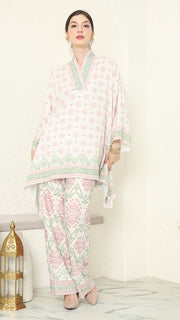 Baby pink V-neck songket pants set