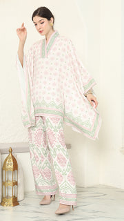 Baby pink V-neck songket pants set